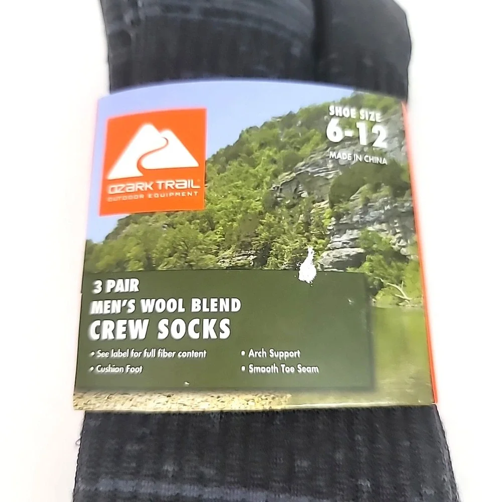 Men's Ozark Trail Wool Blend Crew Socks 3 Pair Size 6-12 Black Soot